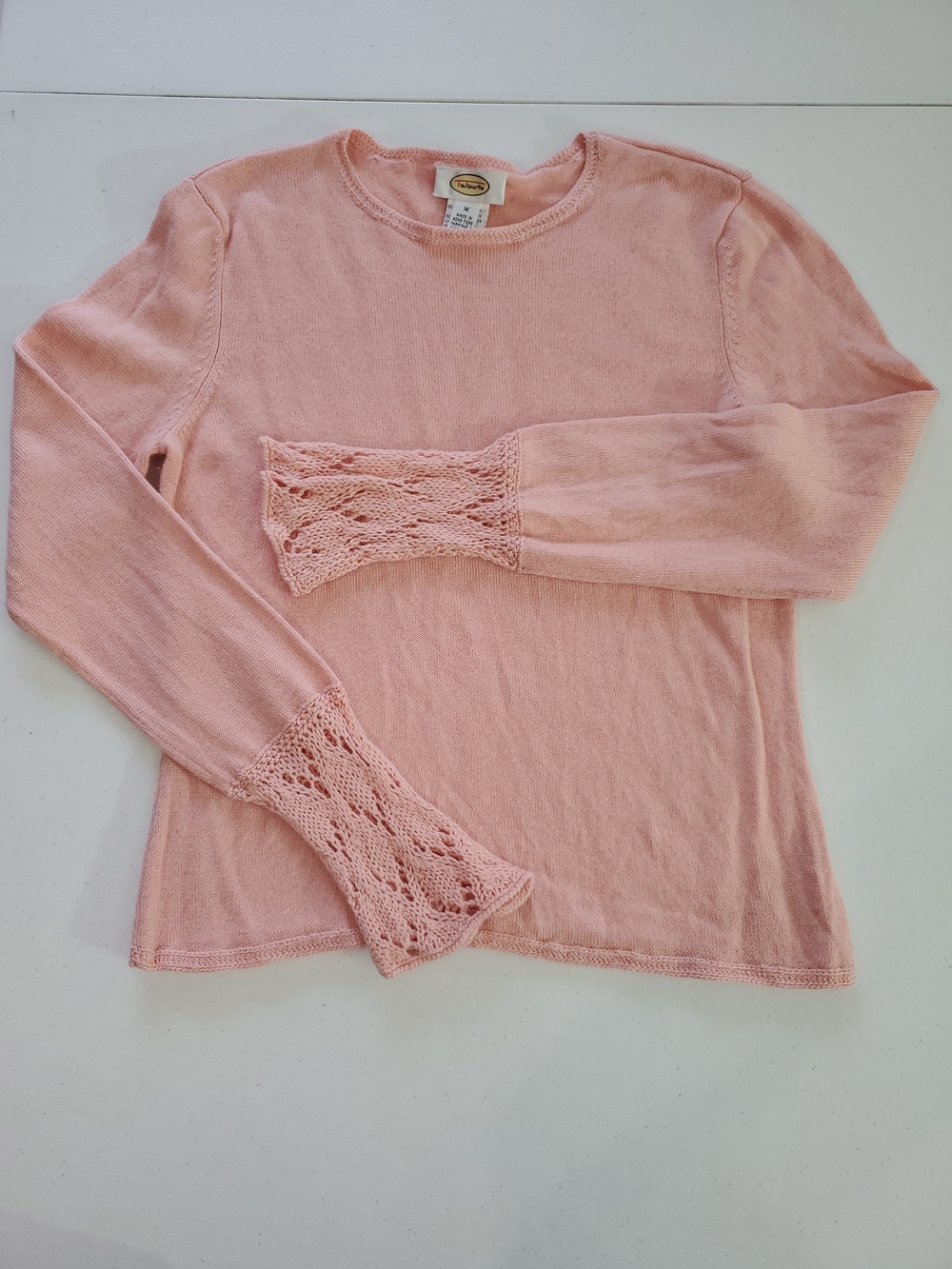 Talbots Med Pastel Pink Wool Blend Crewneck Sweater Fairycore Crochet Bell Cuffs